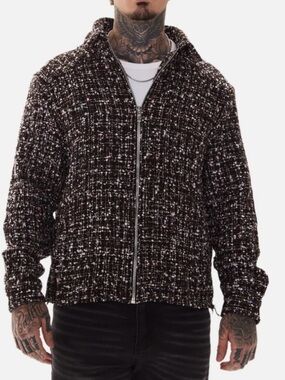 Lucent Men’s Tweed Bomber Shacket Black Bouclé Jacket designer bomber msrp 250